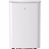 Weißes, mobiles Klimagerät S mit 12.000 BTU für Räume bis 40 qm vor neutralem Hintergrund.